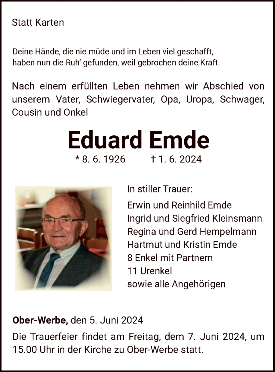 Traueranzeige von Eduard Emde von WLZ