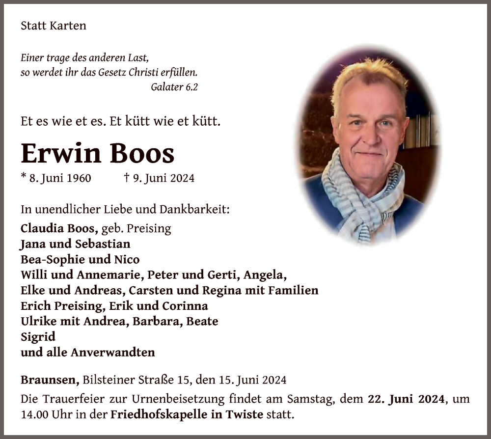  Traueranzeige für Erwin Boos vom 15.06.2024 aus WLZ