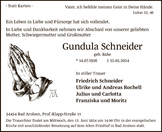 Traueranzeige von Gundula Schneider von WLZ