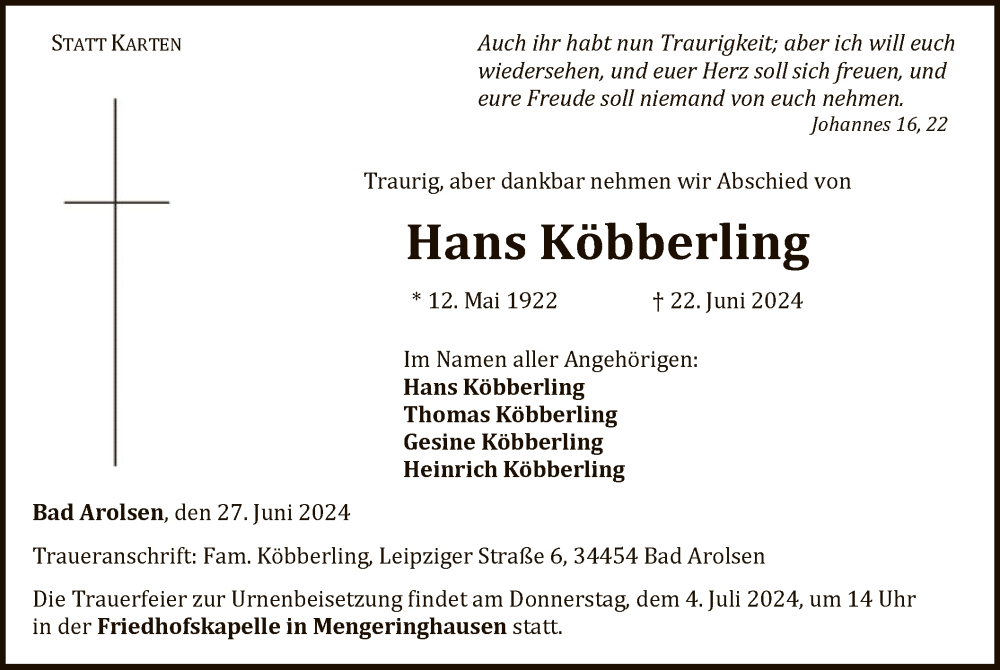  Traueranzeige für Hans Köbberling vom 27.06.2024 aus WLZ