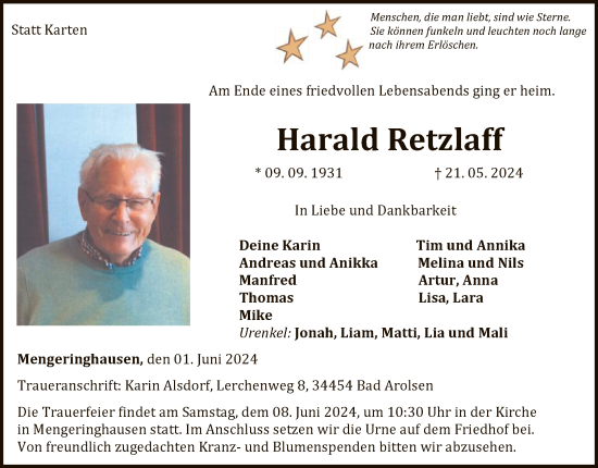 Traueranzeige von Harald Retzlaff von WLZ