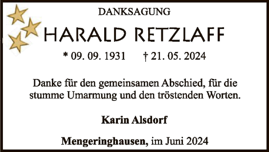 Traueranzeige von Harald Retzlaff von WLZ