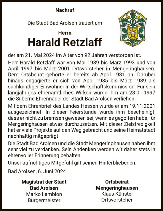 Traueranzeige von Harald Retzlaff von WLZ