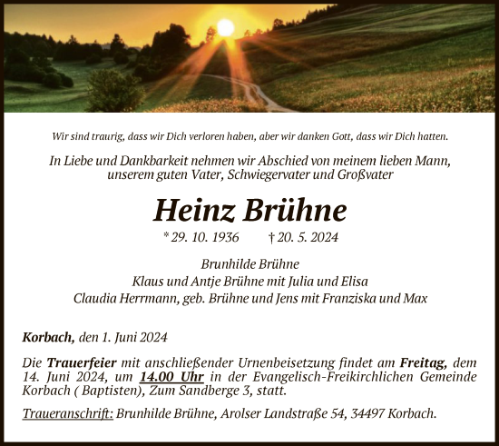 Traueranzeige von Heinz Brühne von WLZ