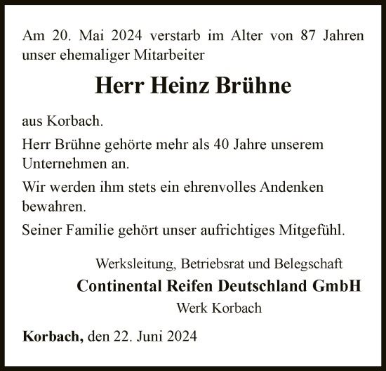 Traueranzeige von Heinz Brühne von WLZ