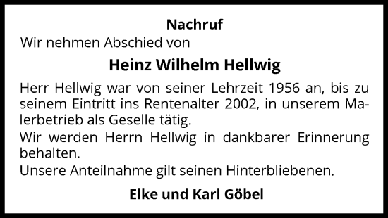 Traueranzeige von Heinz Wilhelm Hellwig von WLZ