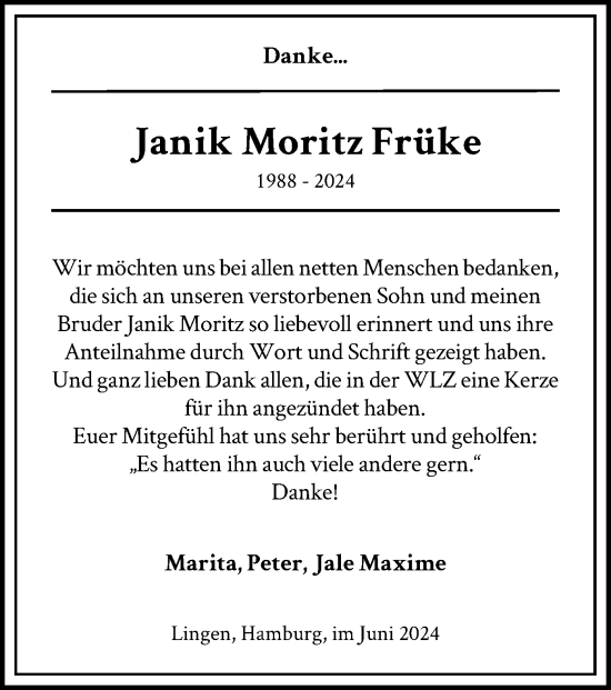 Traueranzeige von Janik Moritz Früke von WLZ