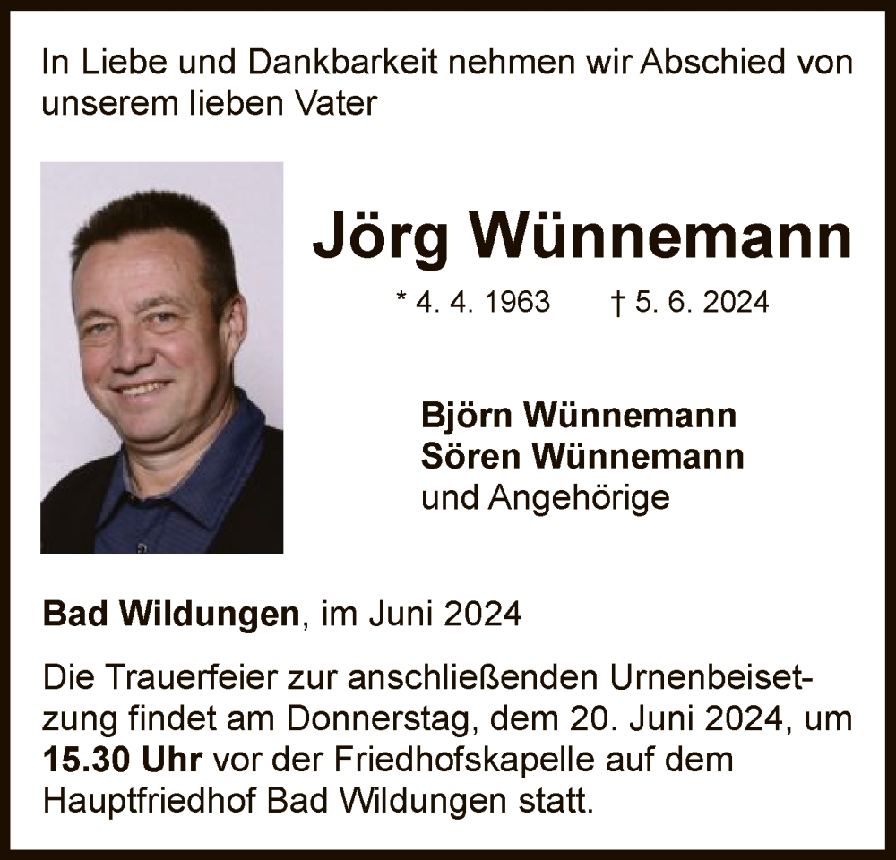  Traueranzeige für Jörg Wünnemann vom 15.06.2024 aus WLZ