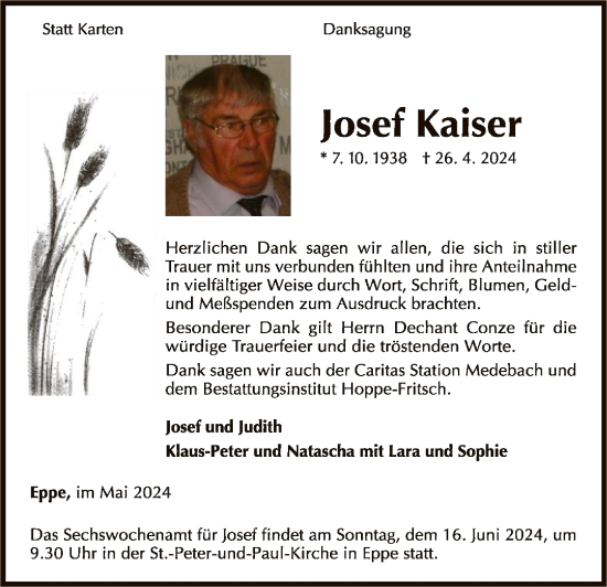 Traueranzeige von Josef Kaiser von WLZ