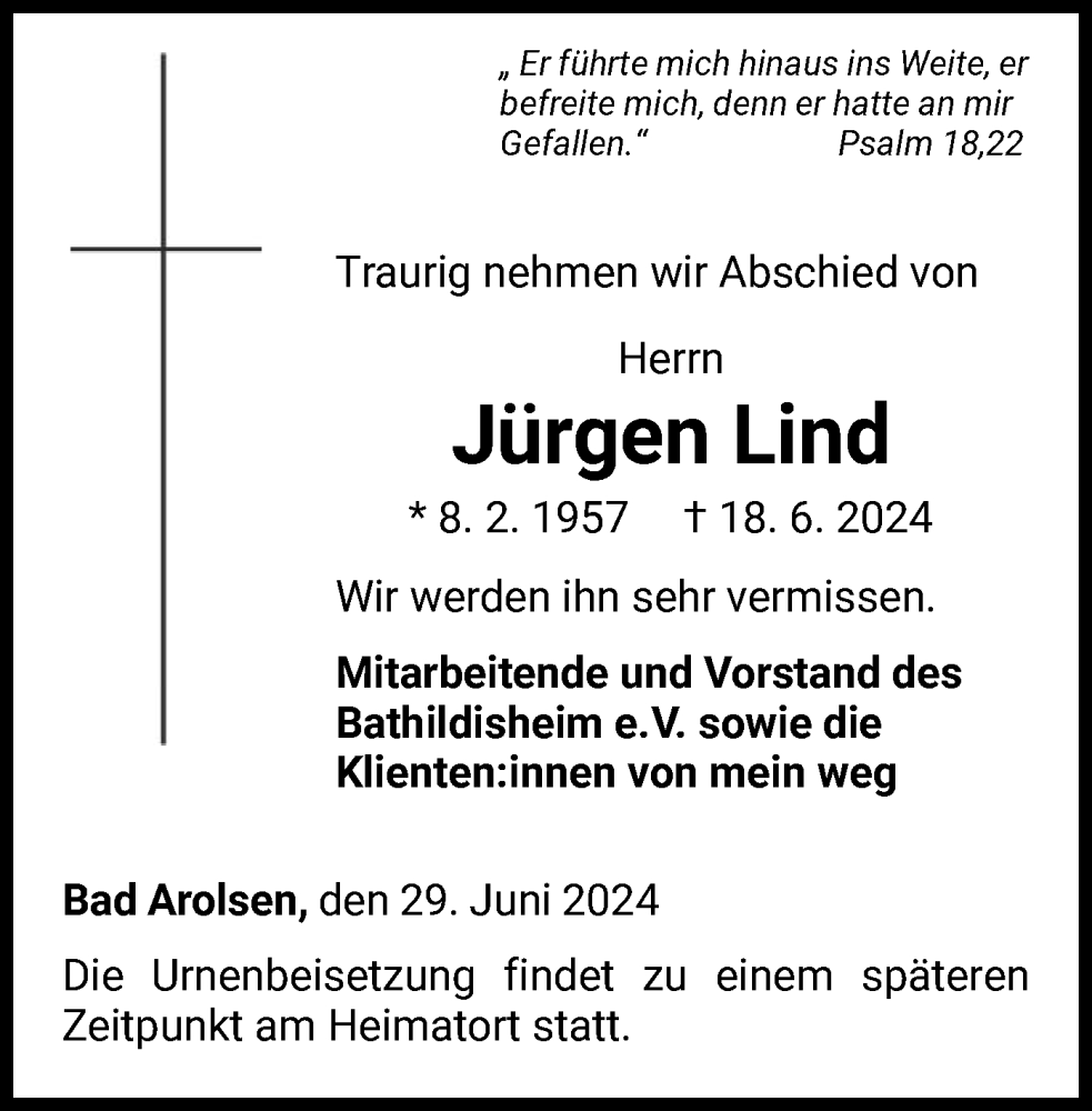  Traueranzeige für Jürgen Lind vom 29.06.2024 aus WLZ