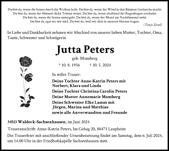 Traueranzeige von Jutta Peters von WLZ