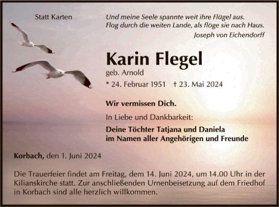 Traueranzeige von Karin Flegel von WLZ