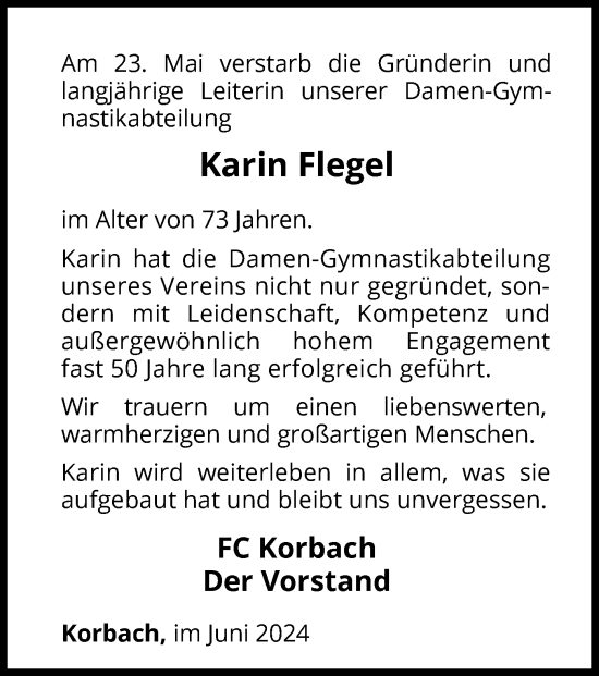 Traueranzeige von Karin Flegel von WLZ