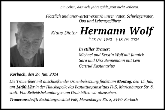 Traueranzeige von Klaus Dieter Hermann Wolf von WLZ