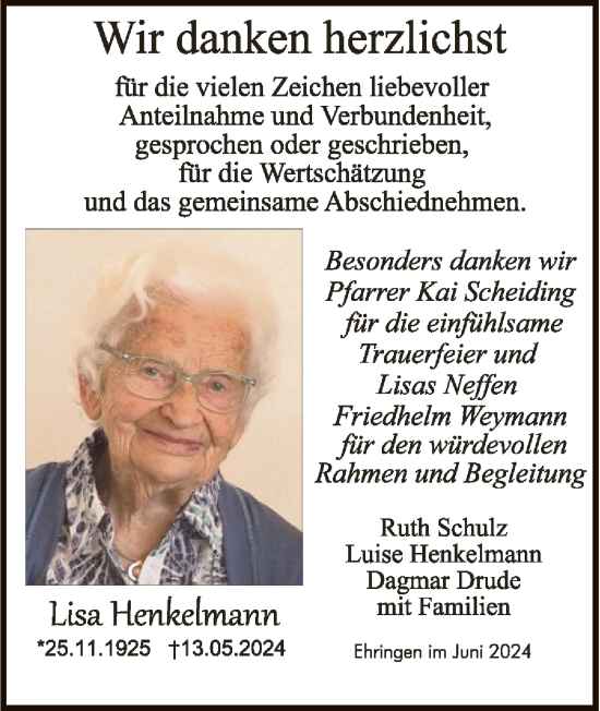 Traueranzeige von Lisa Henkelmann von WLZHNA
