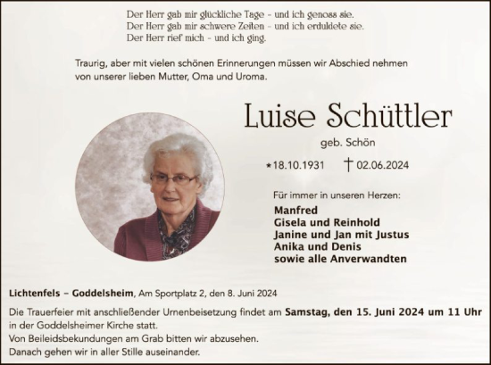 Traueranzeige von Luise Schüttler von WLZ