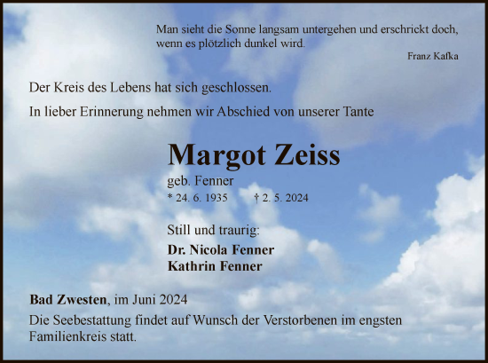 Traueranzeige von Margot Zeiss von WLZHNA