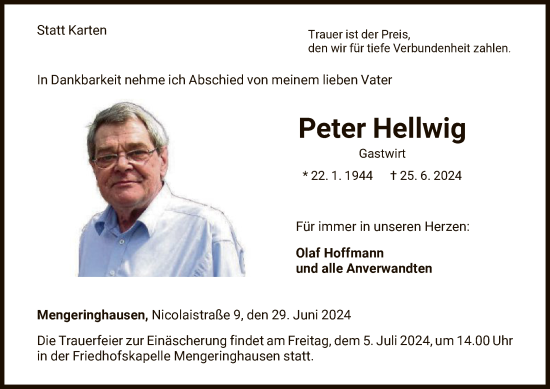 Traueranzeige von Peter Hellwig von WLZ