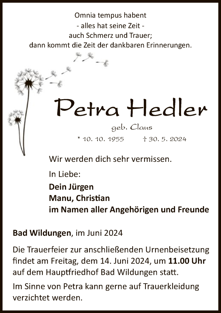  Traueranzeige für Petra Hedler vom 08.06.2024 aus WLZ