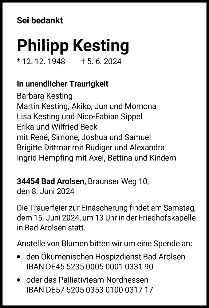  Traueranzeige für Philipp Kesting vom 08.06.2024 aus WLZ
