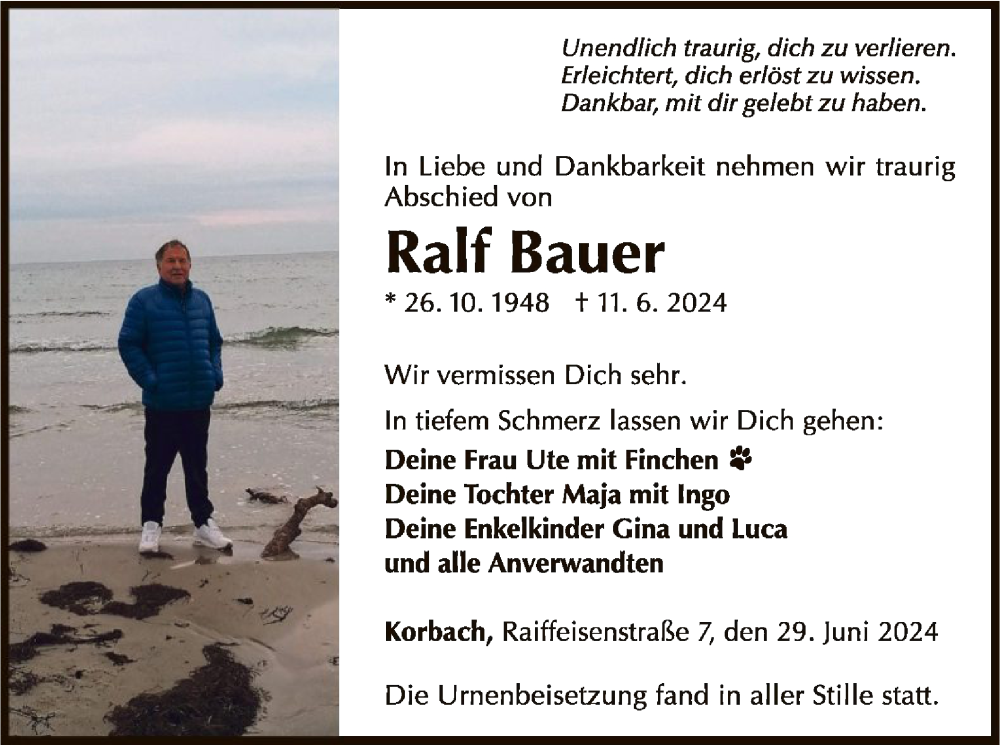  Traueranzeige für Ralf Bauer vom 29.06.2024 aus WLZ