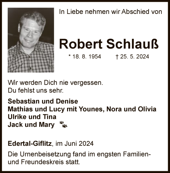 Traueranzeige von Robert Schlauß von WLZ