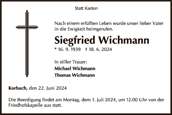 Traueranzeige von Siegfried Wichmann von WLZ