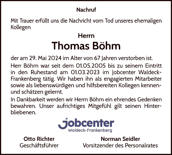 Traueranzeige von Thomas Böhm von HNAWLZ