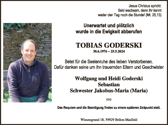 Traueranzeige von Tobias Goederski von WLZ