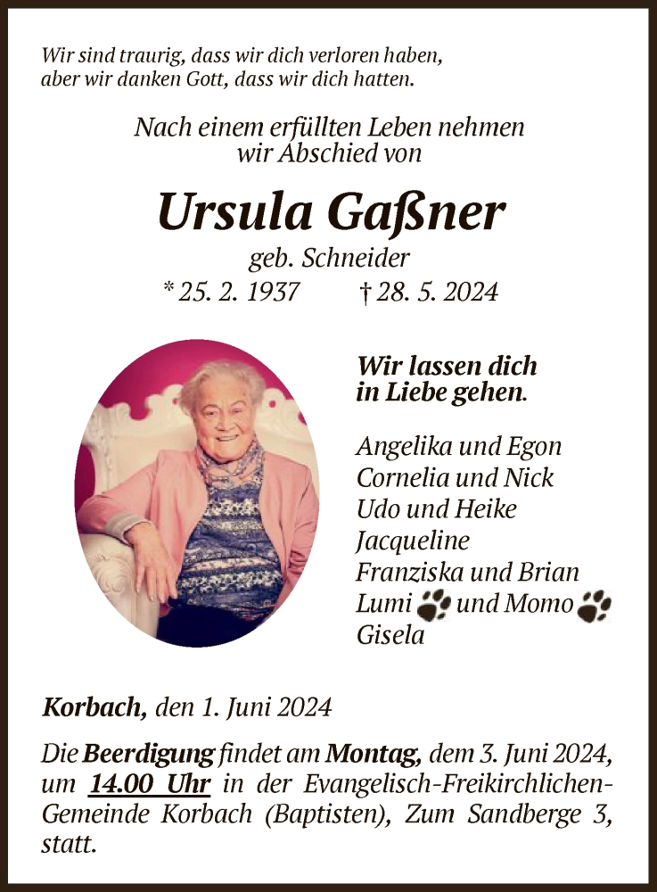  Traueranzeige für Ursula Gaßner vom 01.06.2024 aus WLZ