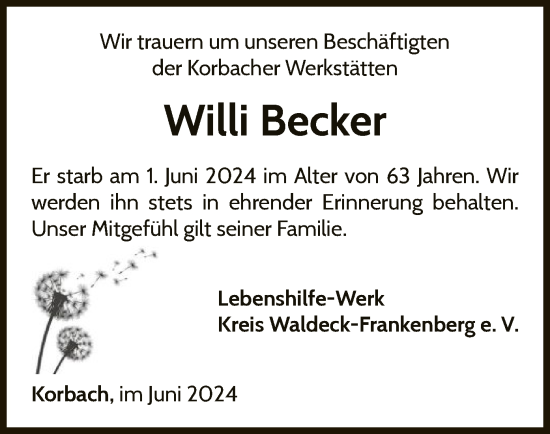 Traueranzeige von Willi Becker von WLZ