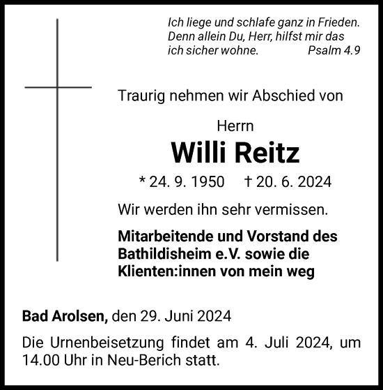 Traueranzeige von Willi Reitz von WLZ