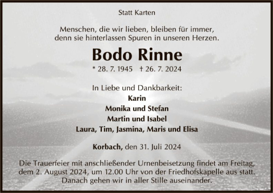 Traueranzeige von Bodo Rinne von WLZ