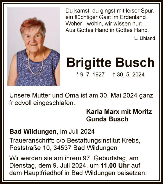 Traueranzeige von Brigitte Busch von WLZ