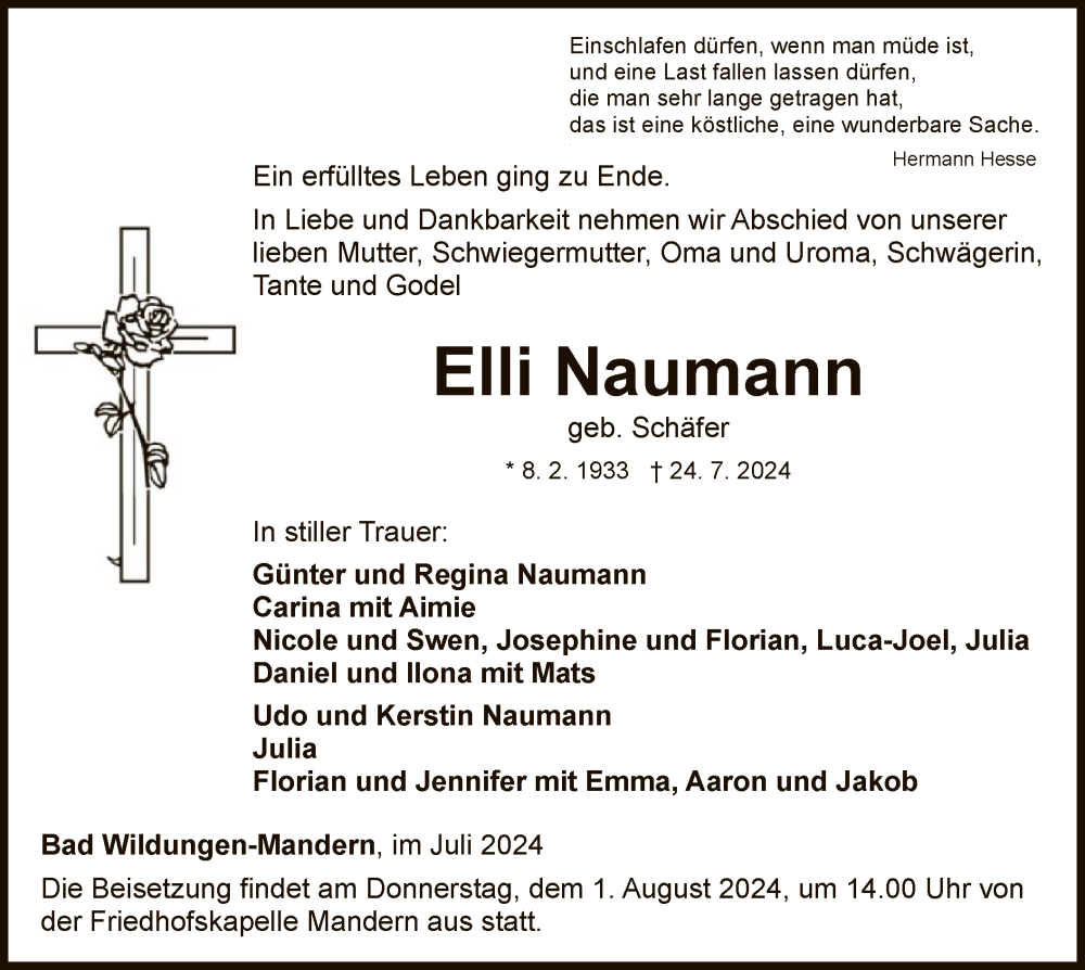  Traueranzeige für Elli Naumann vom 27.07.2024 aus WLZHNA