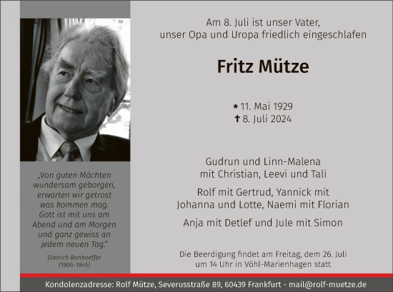 Traueranzeige von Fritz Mütze von WLZ