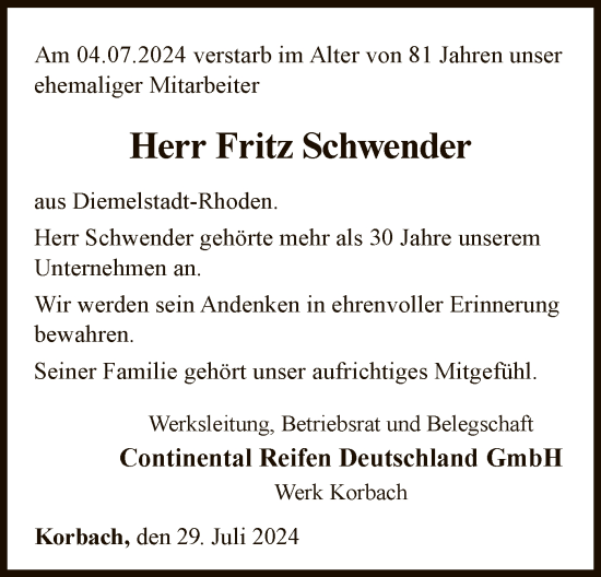 Traueranzeige von Fritz Schwender von WLZ