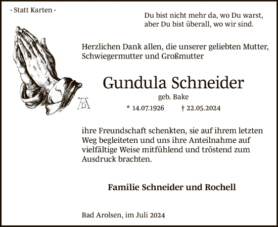 Traueranzeige von Gundula Schneider von WLZ