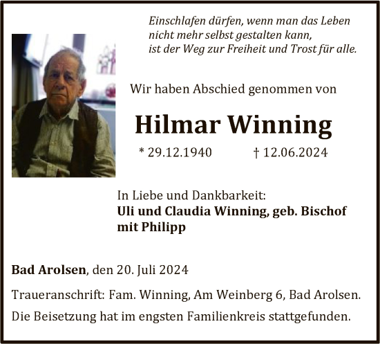 Traueranzeige von Hilmar Winning von WLZ