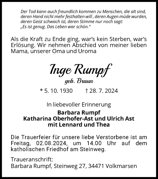 Traueranzeige von Inge Rumpf von WLZ