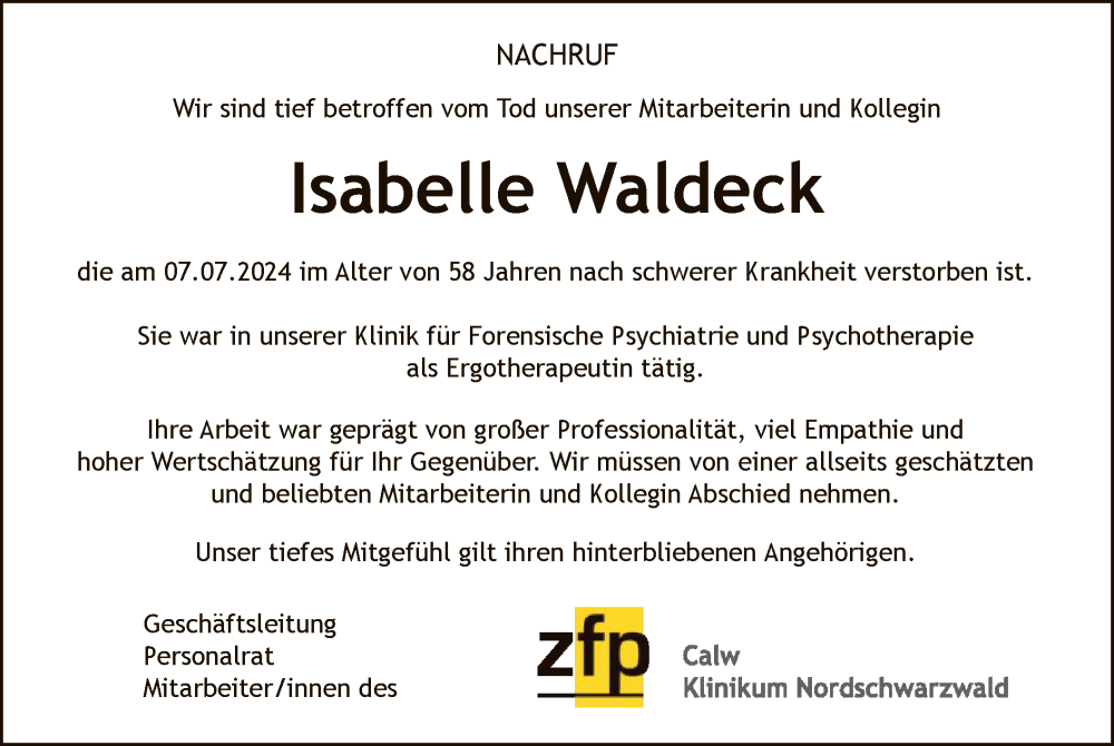  Traueranzeige für Isabelle Waldeck vom 20.07.2024 aus WLZ