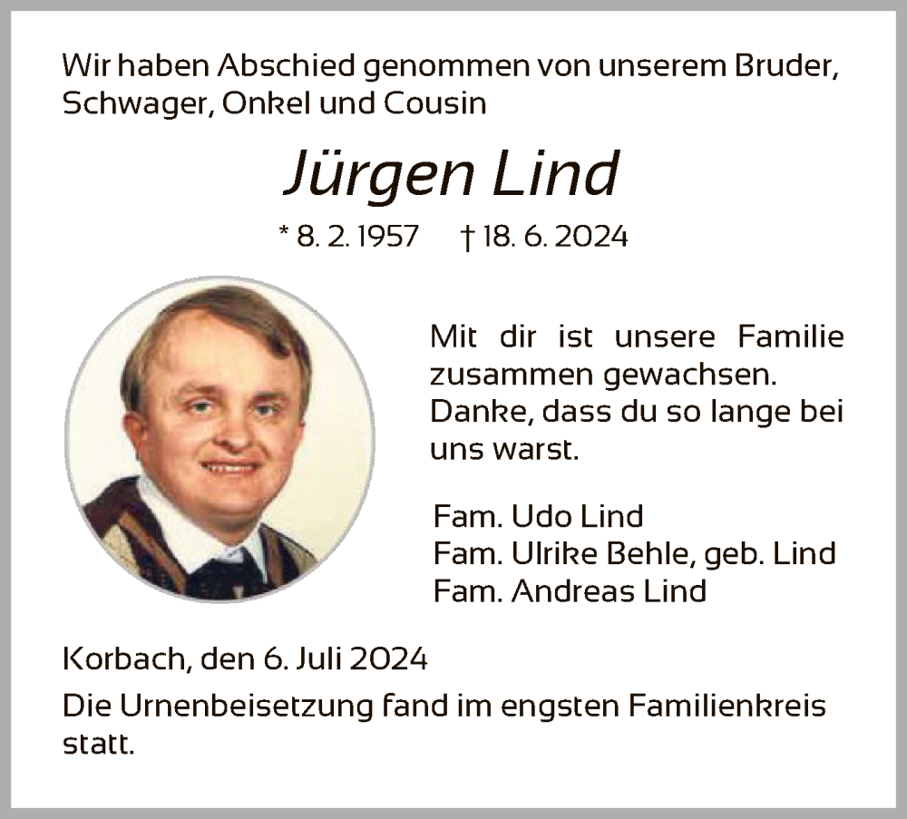  Traueranzeige für Jürgen Lind vom 06.07.2024 aus WLZ