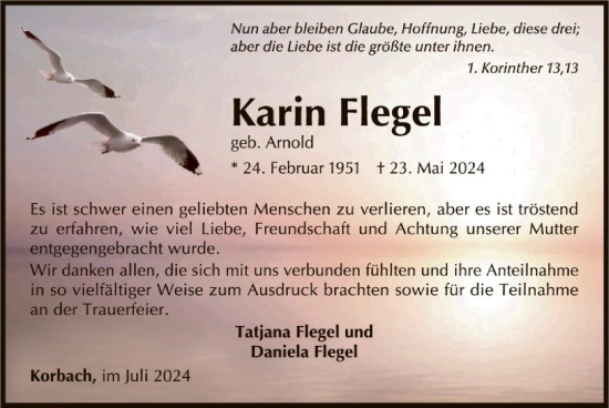 Traueranzeige von Karin Flegel von WLZ