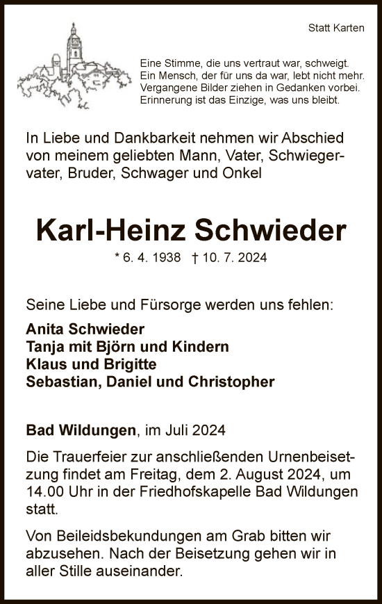 Traueranzeige von Karl-Heinz Schwieder von WLZ