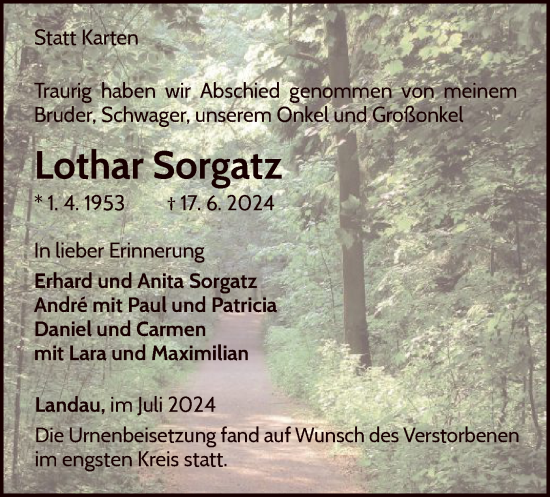 Traueranzeige von Lothar Sorgatz von WLZ