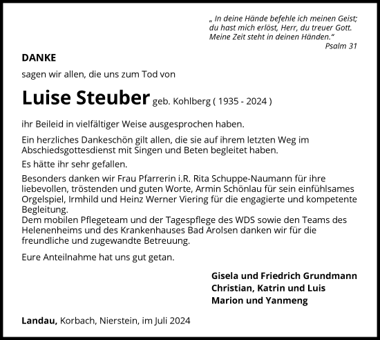 Traueranzeige von Luise Steuber von WLZ