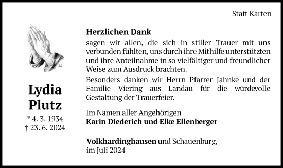 Traueranzeige von Lydia Plutz von WLZ