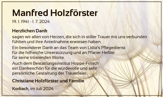 Traueranzeige von Manfred Holzförster von WLZ