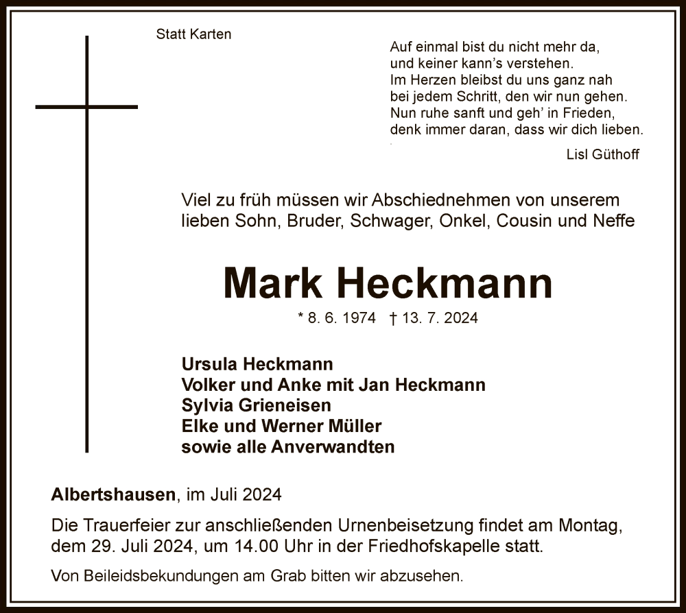  Traueranzeige für Mark Heckmann vom 20.07.2024 aus WLZ