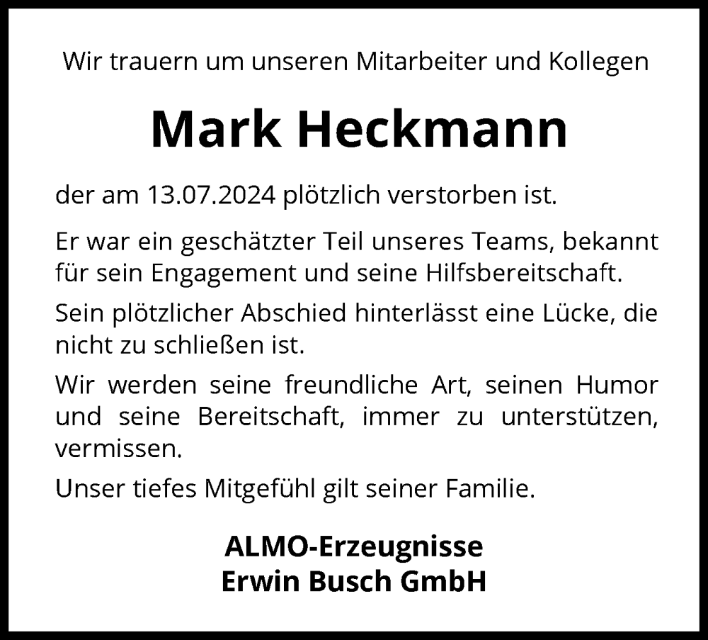  Traueranzeige für Mark Heckmann vom 29.07.2024 aus WLZ